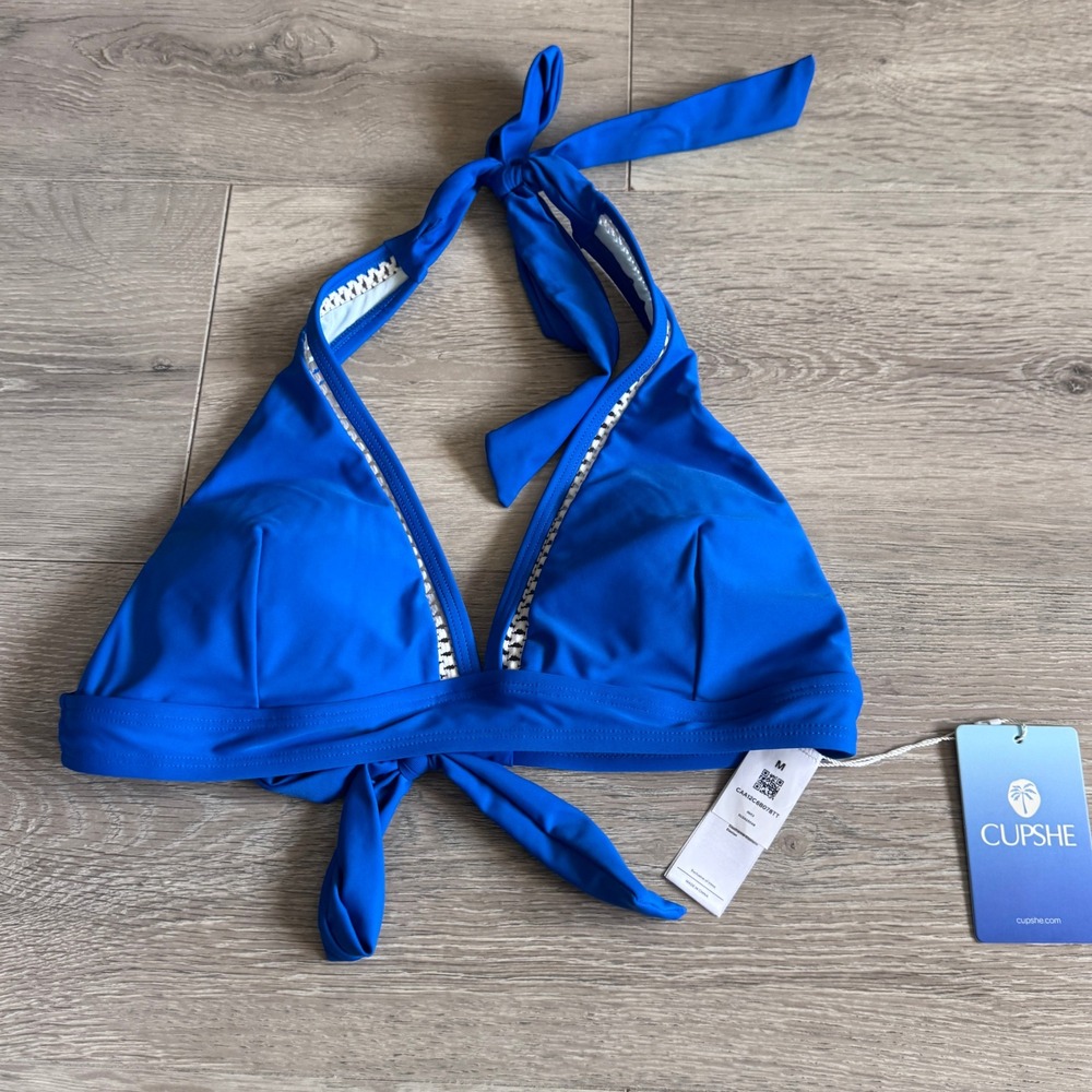 Cupshe Royal Blue Halter Bikini Top Medium Crochet Trim NWT